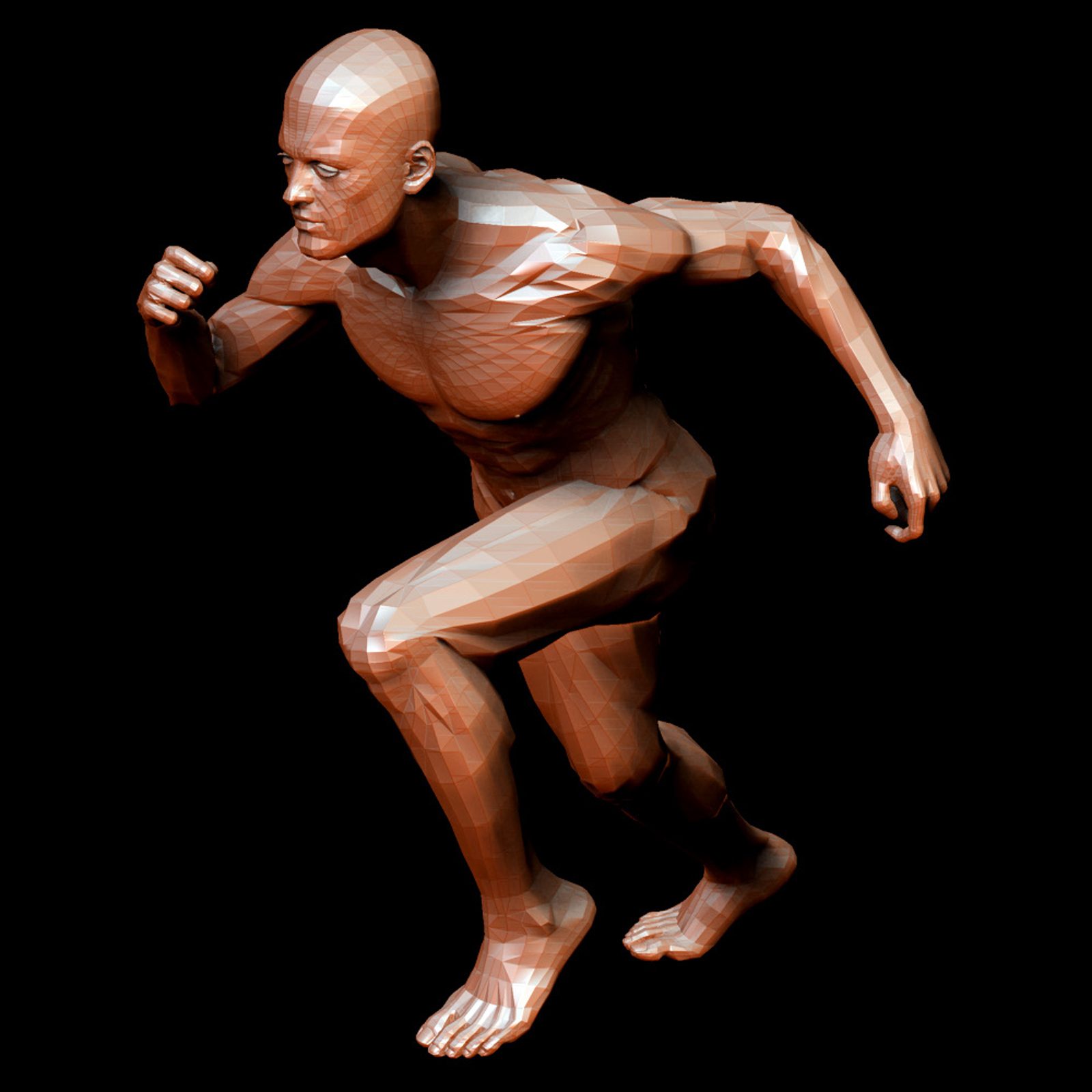 3D model of a running male figure built from clearly defined polygon shapes.